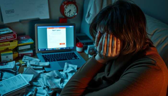 A distressed person reviewing bills and an online emergency loan application while facing urgent expenses.