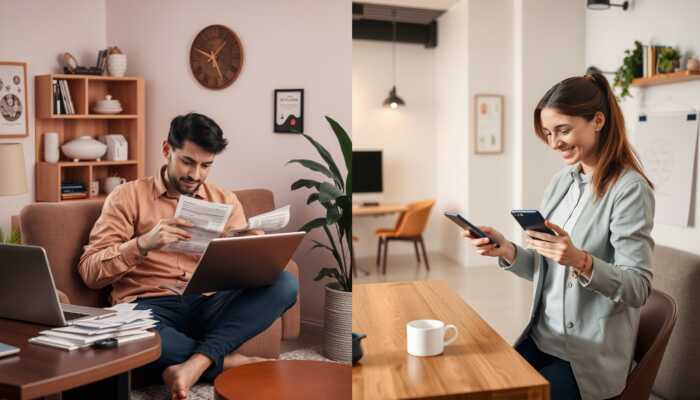 Comparison scene showing a stressed borrower and a relaxed card user, illustrating emergency loan versus credit card decisions.