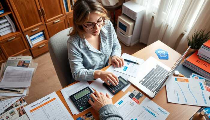 A person at a desk with financial documents, personal loans, credit cards, and brochures, using a calculator and laptop in a cozy home office, illustrating careful financial planning.