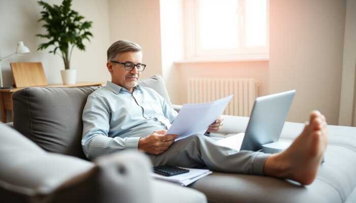 A relaxed individual reviewing financial documents in a serene living room, surrounded by a laptop, calculator, and a plant, symbolizing financial stability and management.
