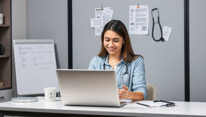 A young professional at a modern desk looks relieved while using a laptop to access a peer-to-peer lending platform, with medical bills and a stethoscope in the background.