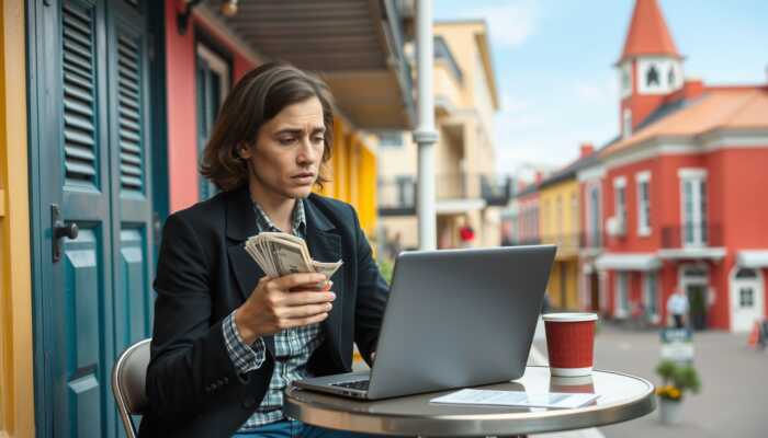 Person at a café in New Orleans, looking at a laptop with concern while holding bills and a coffee cup, illustrating urgency in financial decision-making.