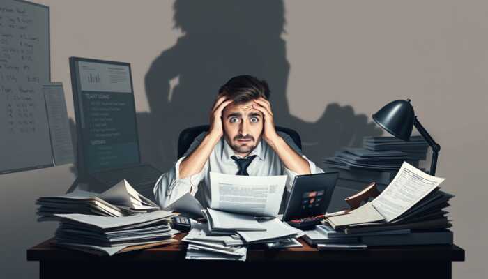 A worried person at a cluttered desk with bills and loan documents, looking at a calculator, while a shadow of a debt monster looms in the background, representing the risks of personal loans.