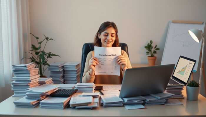 A person sitting at a desk surrounded by medical bills, looking relieved while holding a consolidated loan document, with a calculator and laptop displaying decreasing debt graphs.