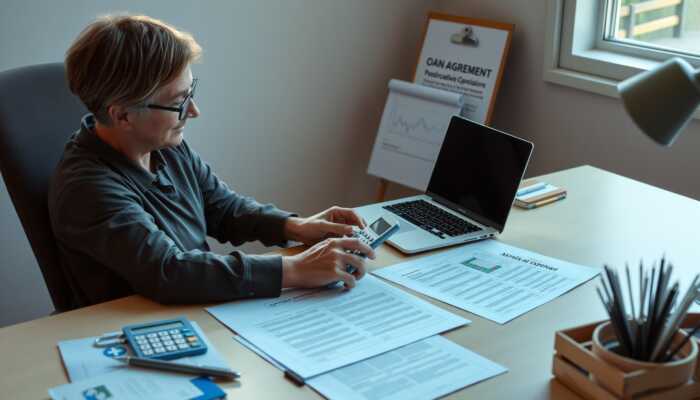 Person calculating medical expenses at a desk with documents, a laptop, and a loan agreement, illuminated by soft natural light.