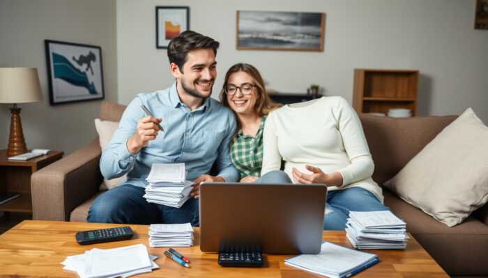 A young couple in a cozy living room surrounded by medical bills and a laptop, showing determination as they explore options for consolidating their medical debt.