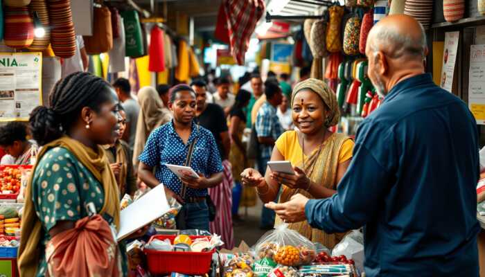 A vibrant market scene with diverse small business owners, highlighting a woman entrepreneur receiving a microloan from a friendly lender, showcasing community support and entrepreneurship.