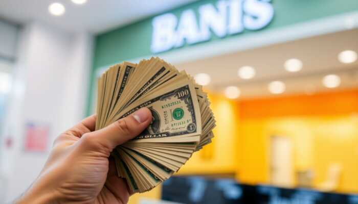 Hand holding a stack of cash with a blurred bank in the background, representing payday loans and quick financial assistance.