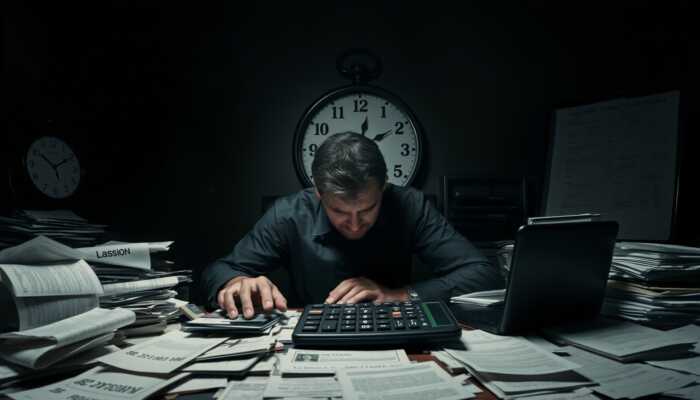 A person sitting at a cluttered table filled with bills and loan documents, looking stressed, with a calculator showing high numbers and a clock in the background indicating pressure from looming deadlines.