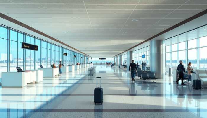 Quiet airport terminal and serene hotel lobby with few travelers, highlighting the tranquility and cost savings of off-peak travel.