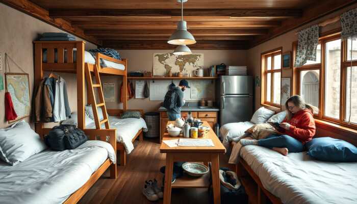 Cozy hostel interior featuring shared dormitory-style beds, a communal kitchen, and travelers cooking together, highlighting a sense of community and adventure.