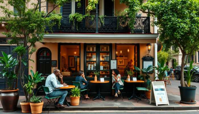 A cozy New Orleans café scene with people discussing finances amidst historic architecture and lush greenery, reflecting community and financial empowerment.