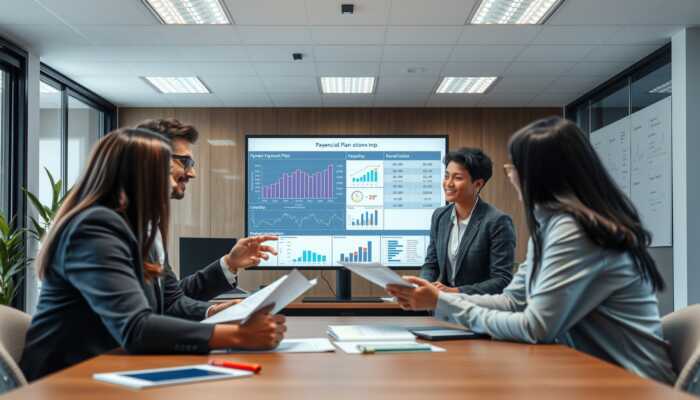 Diverse professionals collaborating in a serene office, discussing financial documents and payment plan options displayed on a digital screen.