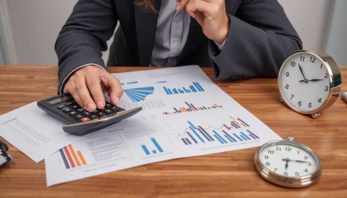A person thoughtfully analyzing financial documents with a calculator, interest rate charts, and a clock, symbolizing careful consideration and financial planning.