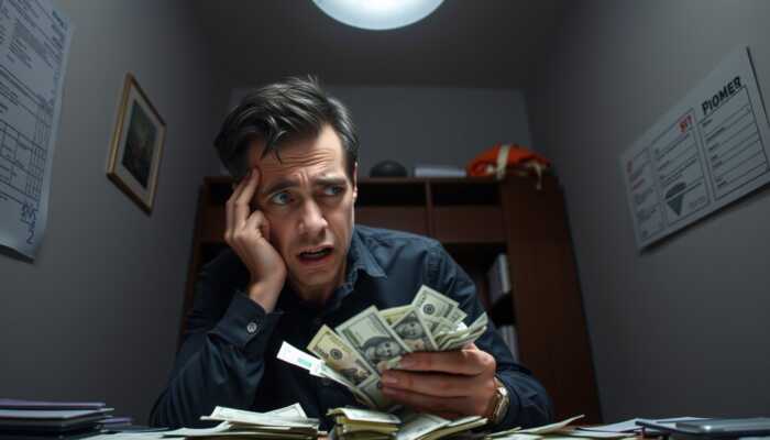 A worried person counting cash in a dimly lit room, surrounded by bills and receipts, illustrating the stress of urgent financial needs.
