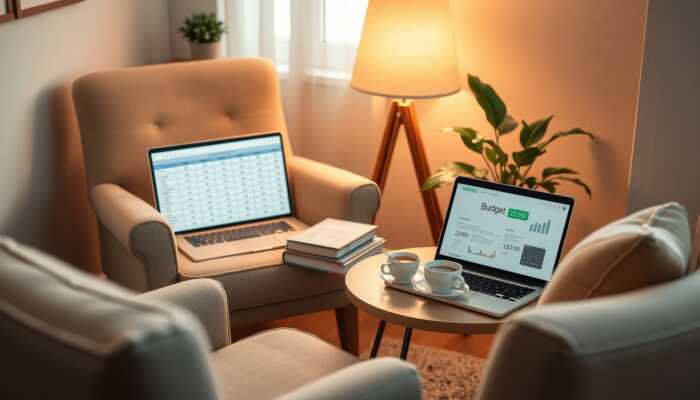 Cozy room with an armchair, financial books, a laptop open to a budgeting spreadsheet, a cup of tea, soft lighting, and a potted plant, symbolizing calm financial planning.