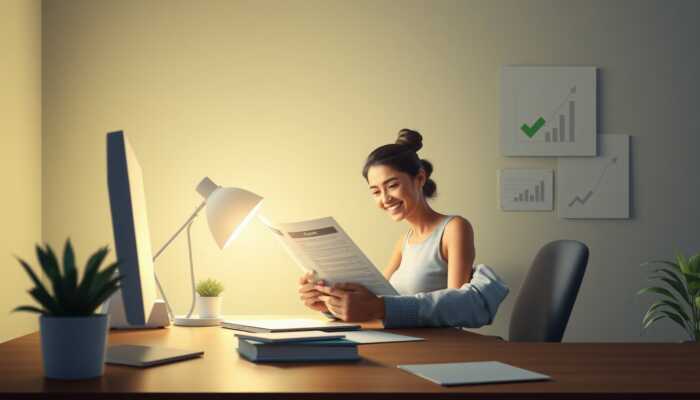 Person reviewing credit report with satisfaction, surrounded by symbols of financial growth like upward arrows and green checkmarks, representing positive impacts of timely loan repayments.