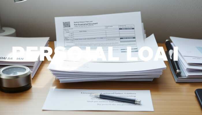 A neatly organized desk with essential personal loan documents including a pay stub, tax return, credit report, government-issued ID, bank statements, employment verification letter, and a note on loan purpose, illuminated by soft natural light.