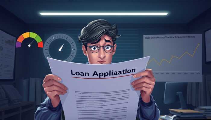 A concerned person reviewing a loan application surrounded by a credit score meter, debt-to-income ratio graph, and an employment history timeline in a dimly lit financial office.