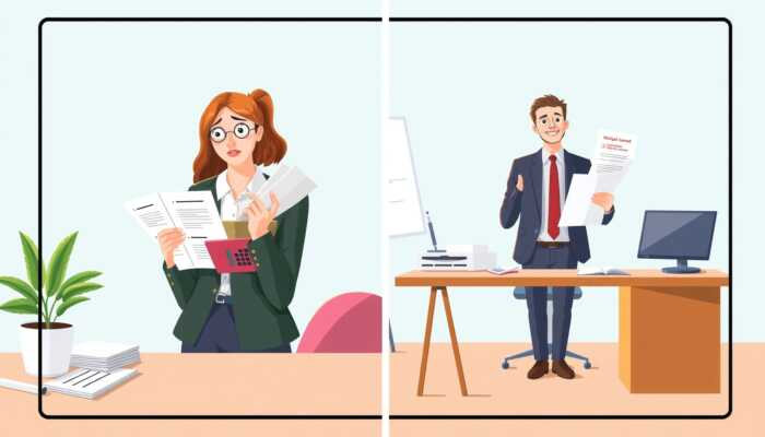 Split-screen illustration depicting two scenarios: on the left, a worried young professional with bills and a calculator representing high debt-to-income ratio; on the right, a confident freelancer presenting documents at a desk, showcasing improved income documentation.