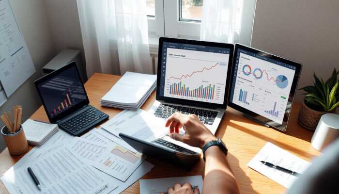 A person reviewing their finances at a desk, surrounded by documents, a calculator, and a laptop displaying charts and graphs on income sources, expenses, and debt-to-income ratio analysis.