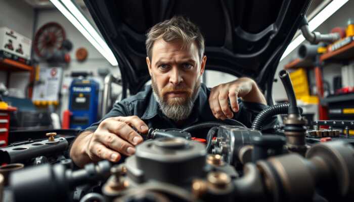 Mechanic's hands repairing a car engine with tools in a well-lit garage, showcasing urgency and expertise.