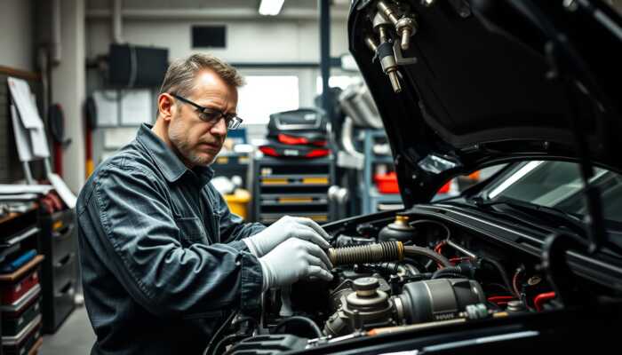 Mechanic working on a car engine in a garage, demonstrating professionalism and expertise with tools and repair manuals around.