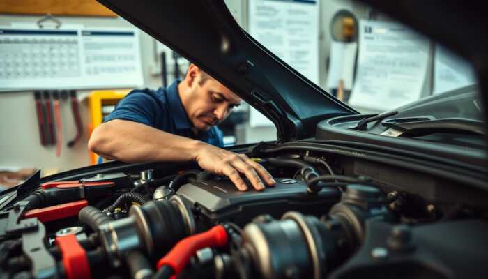 Mechanic working on a car engine with tools, calendar, and financial documents in the background, symbolizing flexible repayment options for car repair loans.