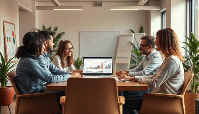 A diverse group of professionals discussing financial documents and charts in a warm, inviting office setting, symbolizing trust in finding a reputable lender.