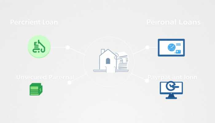 Diagram illustrating four types of personal loans: Unsecured Personal Loans with a credit score icon, Secured Personal Loans with a house or vehicle symbol, Debt Consolidation Loans shown as a merging stack of bills, and Payday Alternative Loans featuring a credit union logo, on a neutral background.