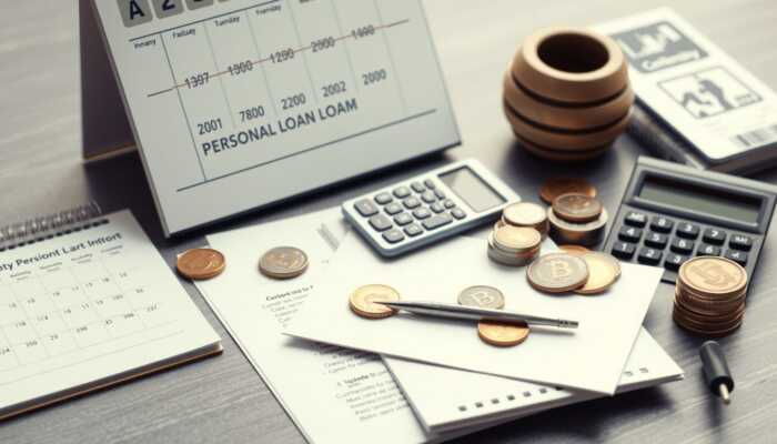 A calendar with marked timelines, calculator, personal loan documents, coins, and a budgeting notebook, representing financial planning and repayment strategies.