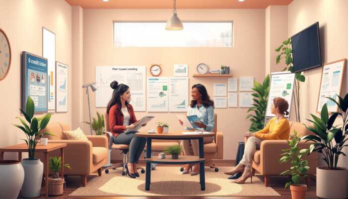 A diverse group of people discussing financial options in a cozy office, featuring a credit union representative, home equity documents, peer-to-peer lending charts, and a payment plan brochure in a warm and inviting atmosphere.
