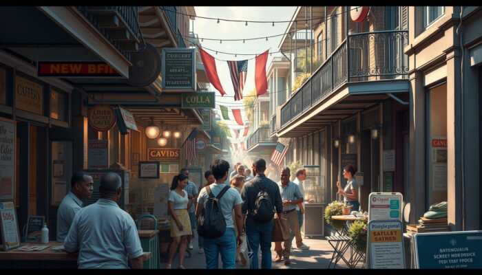 A busy New Orleans street scene featuring small businesses and customers interacting, highlighting financial transactions and community resilience amidst vibrant local culture.