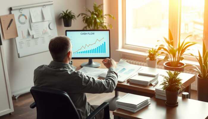 Person analyzing financial documents and charts at a desk with a laptop displaying a positive cash flow graph, surrounded by plants and warm lighting, symbolizing financial stability and growth.