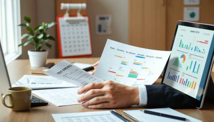 A person in a professional office reviewing financial documents, with a calendar for loan repayment reminders, a calculator, and a laptop showing cash flow charts, symbolizing organized financial planning.
