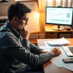 A man sits at a desk analyzing financial documents, with graphs displayed on a laptop and monitor. Surrounded by papers and a calculator, he reviews charts, seeking financial tips for avoiding cash emergencies. A flip chart is visible in the background.