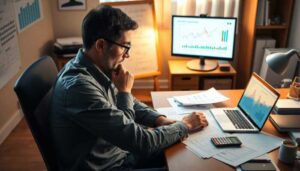 A man sits at a desk analyzing financial documents, with graphs displayed on a laptop and monitor. Surrounded by papers and a calculator, he reviews charts, seeking financial tips for avoiding cash emergencies. A flip chart is visible in the background.