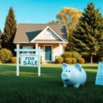A small house with a "For Sale" sign in the front yard, a white piggy bank, and a calendar placed on the grass—perfect for illustrating financial tips or avoiding cash emergencies. Trees and shrubs are in the background under a clear sky.