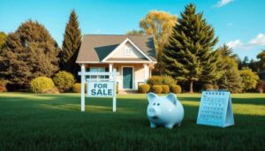 A small house with a "For Sale" sign in the front yard, a white piggy bank, and a calendar placed on the grass—perfect for illustrating financial tips or avoiding cash emergencies. Trees and shrubs are in the background under a clear sky.