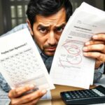 A man sits at a cluttered desk holding a payday loan agreement and a document with red circles, looking concerned. Papers, a calculator, and information about payday loan rollovers are spread out before him in an office setting.