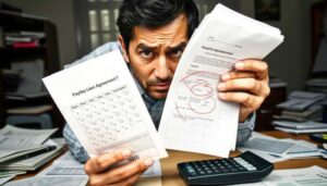 A man sits at a cluttered desk holding a payday loan agreement and a document with red circles, looking concerned. Papers, a calculator, and information about payday loan rollovers are spread out before him in an office setting.