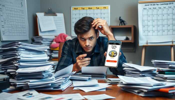 A stressed individual at a cluttered table with bills and paperwork, holding a smartphone with a payday loan app, and a calendar marked with due dates in the background, illustrating financial pressure and payday loan rollovers.