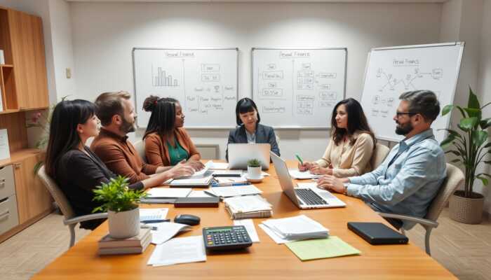 A diverse group discussing personal finance in a serene office with financial documents, a calculator, and a laptop, while a whiteboard illustrates loan alternatives.