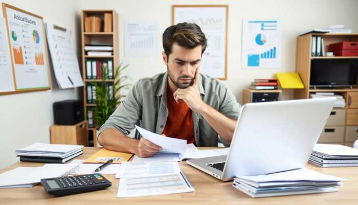 Individual analyzing budget and expenses at a desk with a laptop, financial documents, calculator, and notepad, showing determination in a well-lit room.