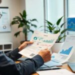 A person sits at a desk reviewing printed financial charts and graphs, searching for tips on paying off a personal loan. A laptop with more graphs, papers, plants, and charts on the wall complete the modern office setting.