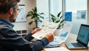 A person sits at a desk reviewing printed financial charts and graphs, searching for tips on paying off a personal loan. A laptop with more graphs, papers, plants, and charts on the wall complete the modern office setting.
