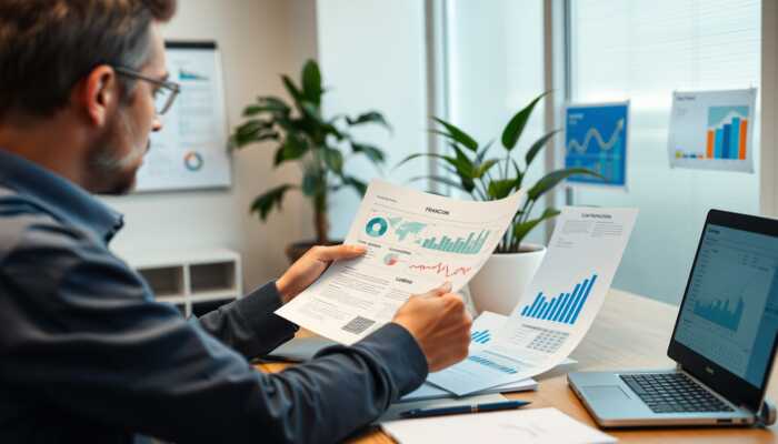 A person sits at a desk reviewing printed financial charts and graphs, searching for tips on paying off a personal loan. A laptop with more graphs, papers, plants, and charts on the wall complete the modern office setting.