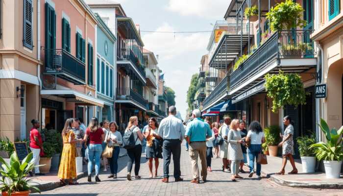 A lively New Orleans street scene showcasing diverse individuals discussing finances amidst vibrant architecture and greenery, reflecting community and accessible personal loan options.