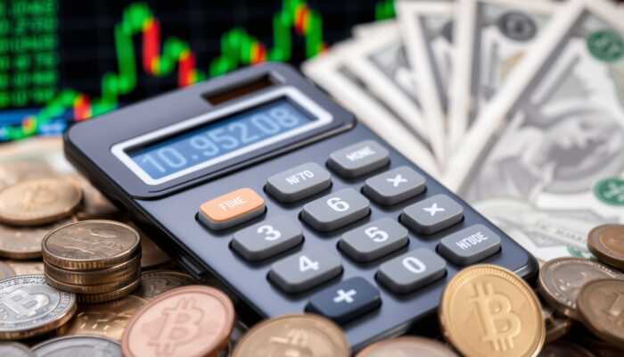 Close-up of a financial calculator showing interest rate calculations, surrounded by coins and banknotes, with a blurred stock market graph in the background.
