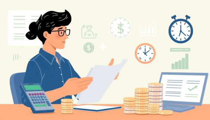 Person analyzing a financial document surrounded by symbols of origination fees, late payment penalties, and prepayment penalties, conveying the importance of understanding loan costs.